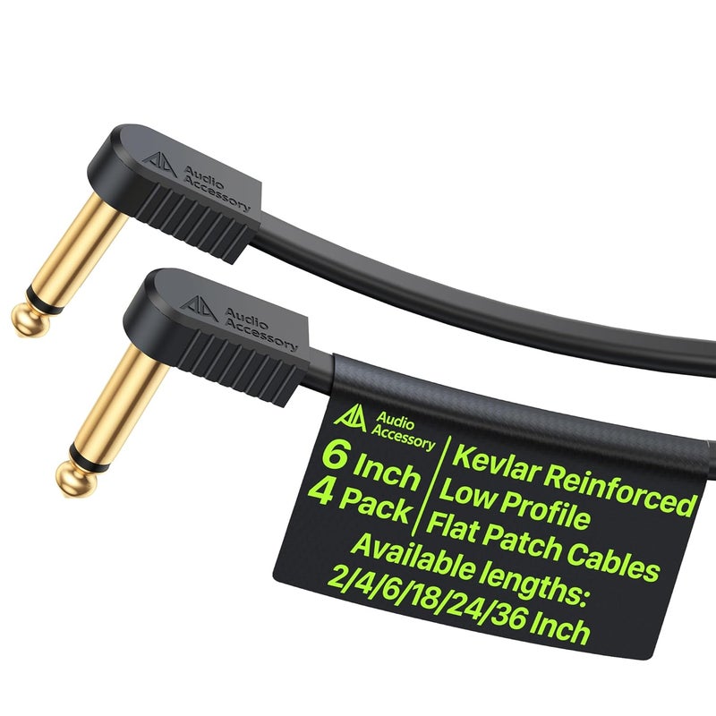 AA AUDIO ACCESSORY Guitar Pedal Cables 6 Inch 4-Pack, Kevlar Reinforced 100% OFC Shielded Flat Ribbon Patch Cables, Gold-Plated Ultra Compact Pedal Board Cables for BOSS, MXR, Ibanez, Behringer Pedal - Image 1